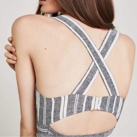 BCBGMaxazria Size 10 Black and White Striped Sleeveless Cutout Linen Midi Dress - Picture 5 of 11